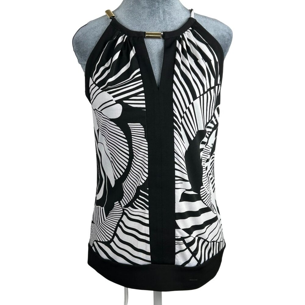 Cache Womens Black & White Halter Top With Gold Accents Size Small
